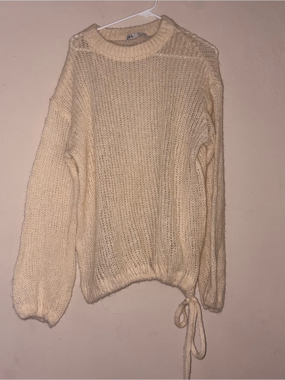 Zara Cream Open Knit Side Tie Crewneck Sweater Balloon Sleeve Women's Medium